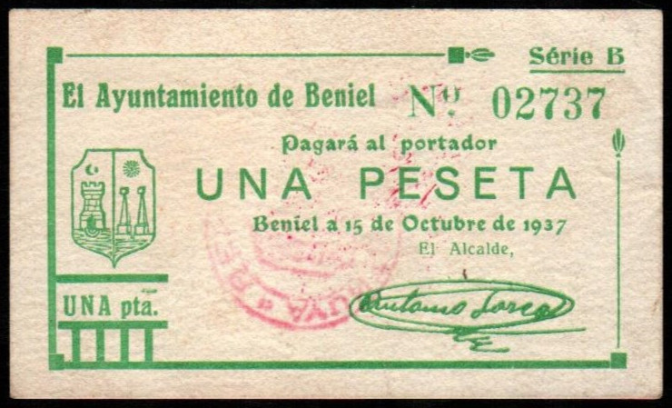 Beniel, Murcia. Ayuntamiento. 15 de octubre de 1937. 1 peseta. 3ª emisión. Serie...