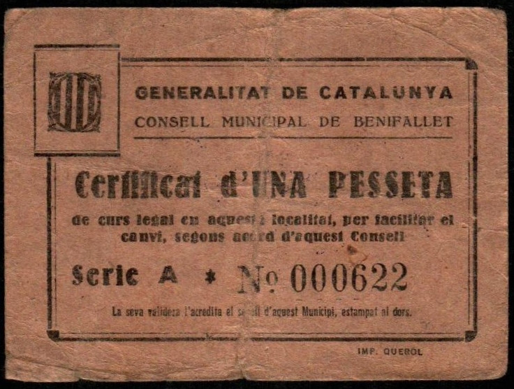 Benifallet, Tarragona. Consejo Municipal. 1 peseta. Serie A. Numeración no alta ...