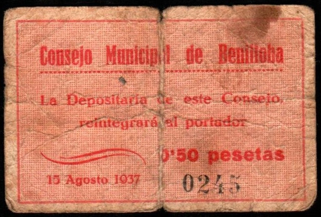 Benilloba, Alicante. Consejo Municipal. 15 de agosto de 1937. 0'50 pesetas. Sin ...