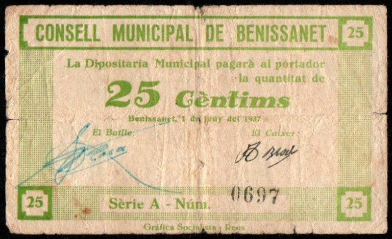 Benissanet, Tarragona. Consejo Municipal. 1 de junio de 1937. 25 céntimos. Serie...