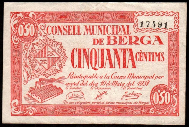 Berga, Barcelona. Consejo Municipal. Mayo de 1973. 50 céntimos. 1ª emisión. Sin ...