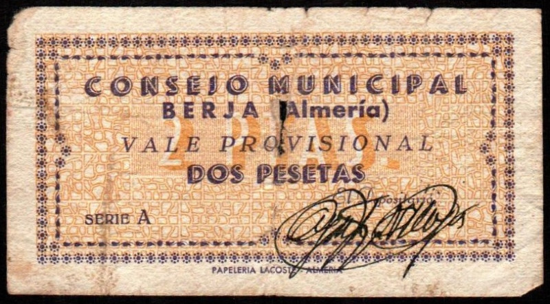 Berja, Almería. Consejo Municipal. 2 pesetas. Serie A. G178; M326D. Rotito centr...