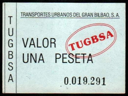 Bilbao. Transportes Urbanos del Gran Bilbao, S.A. (TUGBSA). 1 peseta. MBC+