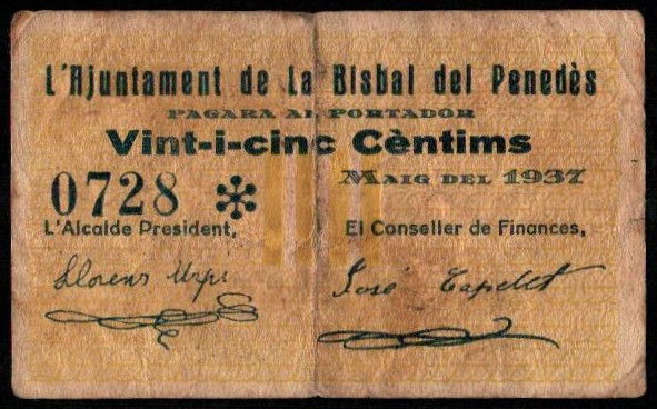 Bisbal del Penedés, Tarragona. Ayuntamiento. Mayo de 1937. 25 céntimos. 1ª emisi...