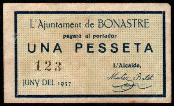 Bonastre, Tarragona. Ayuntamiento. Junio de 1937. 1 peseta. Sin serie. Numeració...