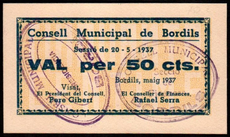 Bordills, Girona. Consejo Municipal. Mayo de 1937. 50 céntimos. Sin serie. G117;...