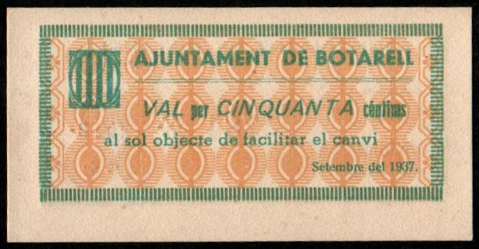 Botarell, Tarragona. Ayuntamiento. Septiembre de 1937. 50 céntimos. Serie B. Num...