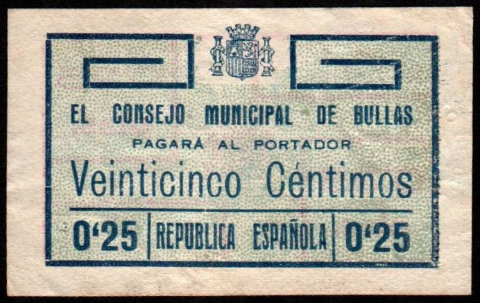 Bullas, Murcia. Consejo Municipal. 25 céntimos. Serie B. G195; M372A (40-100€). ...