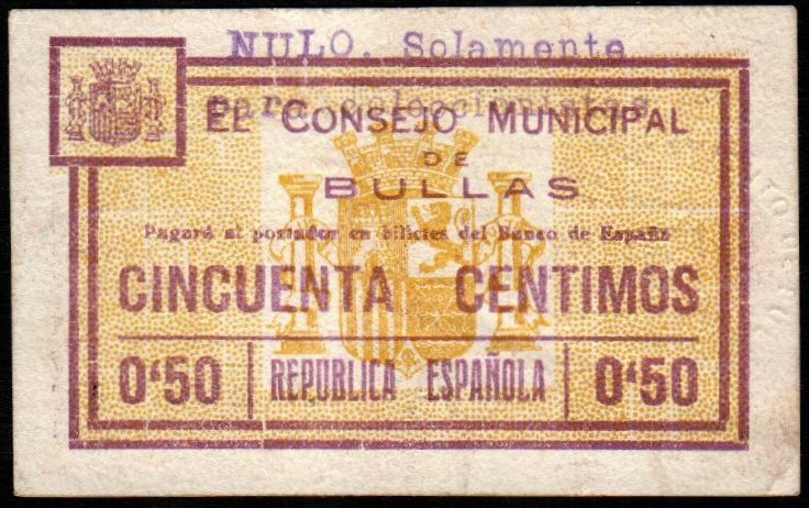 Bullas, Murcia. Consejo Municipal. 50 céntimos. Serie A. G195a; M372G. EBC-