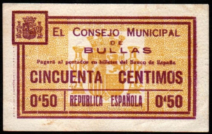 Bullas, Murcia. Consejo Municipal. 50 céntimos. Serie B. G195b; M372G. Mejor que...