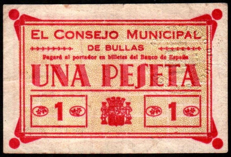 Bullas, Murcia. Consejo Municipal. 1 peseta. Serie A. G195a; M372H (40-100€). Al...