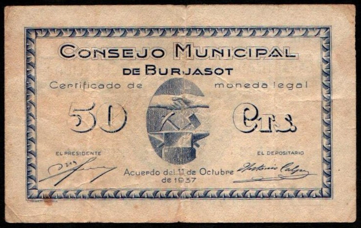 Burjasot, Valencia. Consejo Municipal. 11 de octubre de 1937. 50 céntimos. Serie...