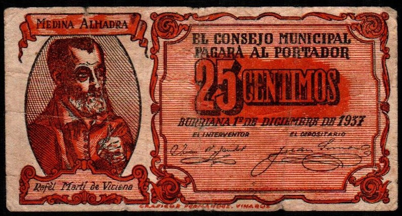 Burriana, Castellón. Consejo Municipal. 1 de diciembre de 1937. 25 céntimos. 4ª ...