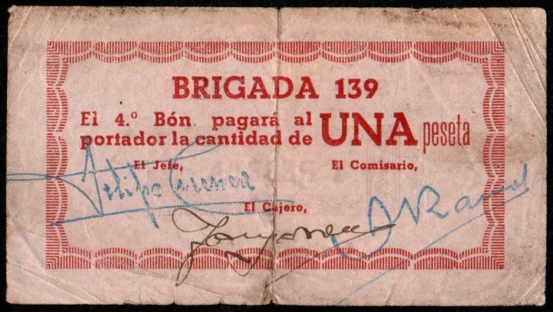 Brigada 139. 4º Batallón. Octubre 1937. 1 peseta. Serie F. G no cita. MBC-