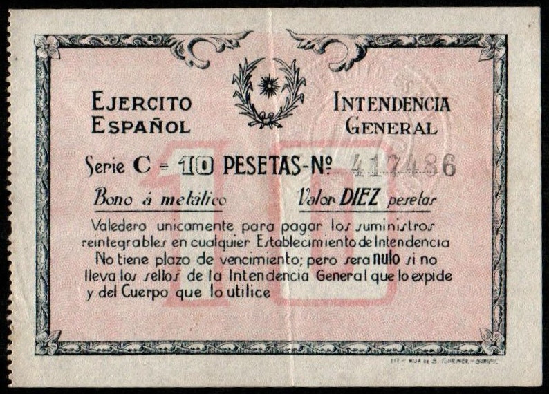 Ejército Español. Intendencia General. 10 pesetas. Serie C. EBC