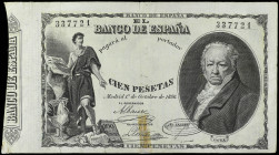 100 Pesetas. 1 Octubre 1886. Goya. (Reparación con adhesivo, roturas y algo sucio). RARO. Ed-294. MBC-.