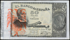 50 Pesetas. 2 Enero 1898. Jovellanos. Con sello tampón rojo águila de San Juan, de origen privado. (Leves reparaciones). ESCASO. Ed-304. (MBC+).