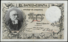 50 Pesetas. 19 Marzo 1905. Echegaray. (Leves manchitas, levísima reparación en esquina). MUY ESCASO. Ed-312. MBC+.