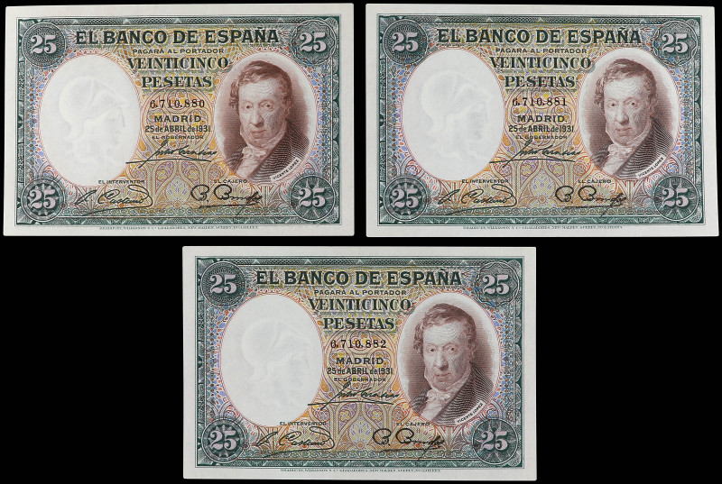 Lote 3 billetes 25 Pesetas. 25 Abril 1931. Vicente López. Trío correlativo. (Alg...