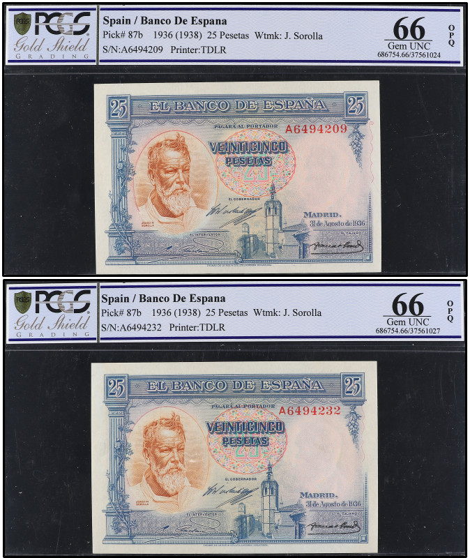 Lote 2 billetes 25 Pesetas. 31 Agosto 1936. Precintados y garantizados por PCGS ...