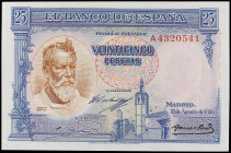 25 Pesetas. 31 Agosto 1936. Sorolla. Serie A. (Ínfima arruga en la esquina inferior izquierda. Margen superior levemente guillotinado). Ed-367A. SC-.