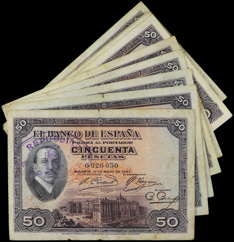 Lote 11 billetes 50 Pesetas. 17 Mayo 1927. Alfonso XIII. Todos con sello de REPU...