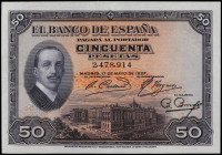 50 Pesetas. 17 Mayo 1927. Alfonso XIII. Con Sello en seco GOBIERNO PROVISIONAL DE LA REPÚBLICA. (Una esquina algo redondeada). Ed-339. EBC.