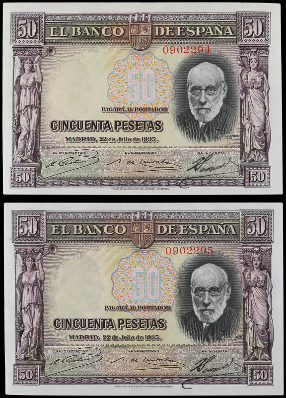 Lote 2 billetes 50 Pesetas. 22 Julio 1935. Ramón y Cajal. Sin Serie, pareja corr...