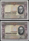 Lote 2 billetes 50 Pesetas. 22 Julio 1935. Ramón y Cajal. Sin Serie, pareja correlativa. Ed-366. SC.