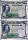 Lote 2 billetes 100 Pesetas. 1 Julio 1925. Felipe II. Serie F. (Arruguitas). Ed-350. SC.