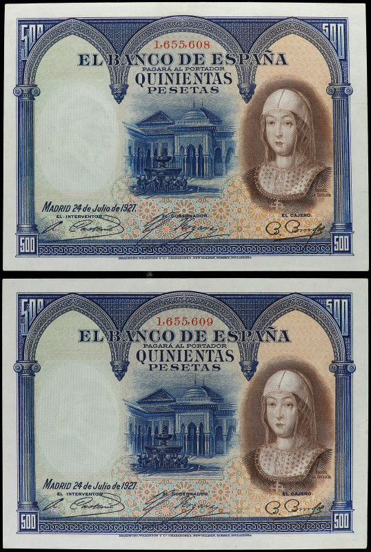 Lote 2 billetes 500 Pesetas. 24 Julio 1927. Isabel la Católica. Pareja correlati...