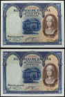 Lote 2 billetes 500 Pesetas. 24 Julio 1927. Isabel la Católica. Pareja correlativa. Ed-352. EBC.