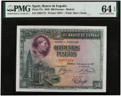 500 Pesetas. 15 Agosto 1928. Cardenal Cisneros. Precintado y garantizado por PMG como 64 CHOICE UNCIRCULATED EPQ (nº 19096992-008). Ed-356. SC.