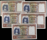 Lote 5 billetes 500 Pesetas. 25 Abril 1931. Elcano. (Manchas difusas en los márgenes, Arruga y ondulaciones). Apresto original. Ed-361. (SC-).