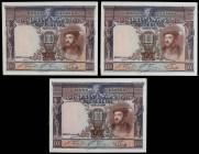 Lote 3 billetes 1.000 Pesetas. 1 Julio 1925. Carlos I. Trío correlativo. Ed-351. EBC-.