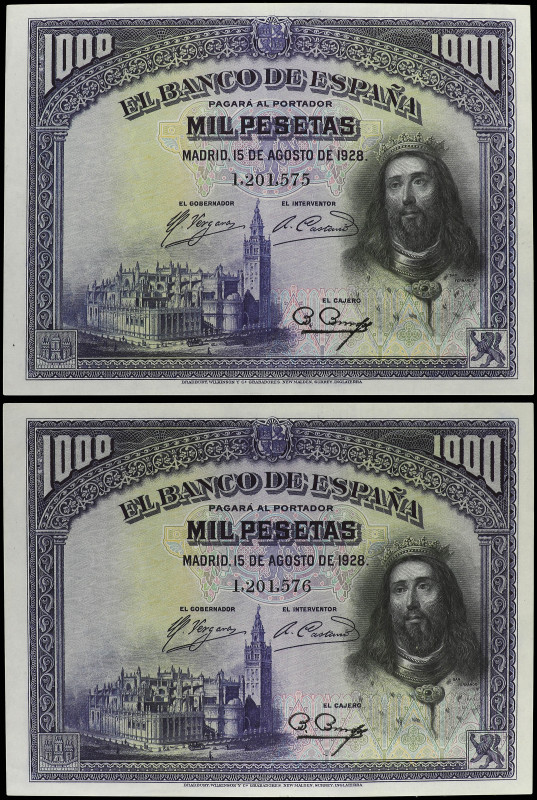 Lote 2 billetes 1.000 Pesetas. 15 Agosto 1928. San fernando. Pareja correlativa....