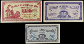 Lote 3 billetes 25, 50 Céntimos y 1 Peseta. 1937. CONSEJO DE ASTURIAS Y LEÓN. Sin Serie ni numeración. Ed-394n, 396n, 397n. SC.