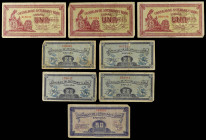 Lote 8 billetes 25 (4), 50 Céntimos y 1 Peseta (3). 1937. CONSEJO DE ASTURIAS Y LEÓN. (Pequeñas manchitas). A EXAMINAR. Ed-394, 396, 397. MBC- a MBC+....