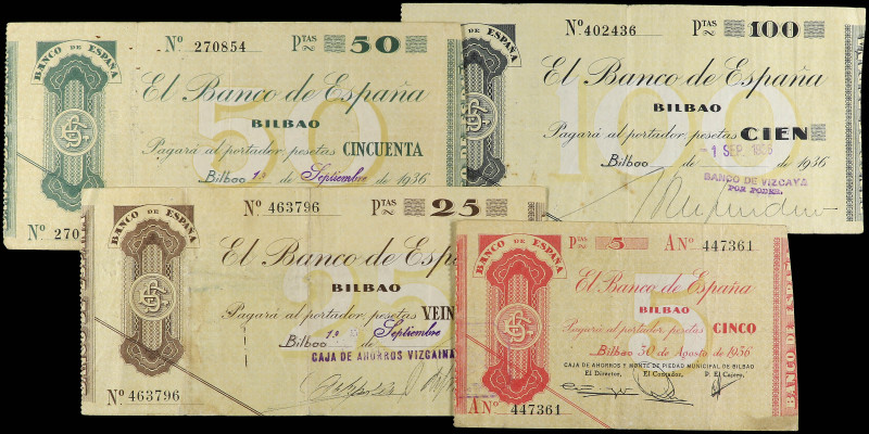 Lote 4 billetes 5, 25, 50 y 100 Pesetas. 30 Agosto 1936. EL BANCO DE ESPAÑA. BIL...