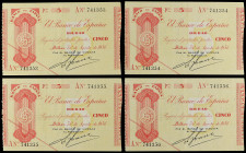 Lote 4 billetes 5 Pesetas. 30 Agosto 1936. EL BANCO DE ESPAÑA. BILBAO. Serie A. Cuarteto correlativo. Antefirma Banco de Vizcaya. Ed-368Aa. EBC- a EBC...