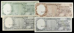 Serie 4 billetes 2, 50 (2), 5 y 10 Pesetas. 21 Setembre 1936. GENERALITAT DE CATALUNYA. 2, 50 Pessetes con numeración roja y negra. Ed-372, 372a, 373,...