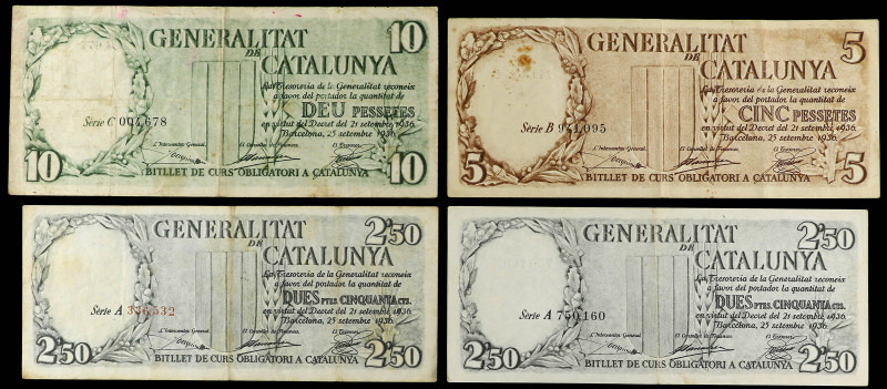 Serie 4 billetes 2, 50 (2), 5 y 10 Pesetas. 21 Setembre 1936. GENERALITAT DE CAT...