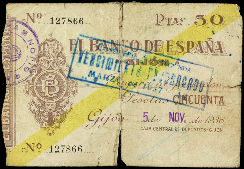 50 Pesetas. 1936. EL BANCO DE ESPAÑA. GIJÓN. (Roturas). Ed-383. BC+.