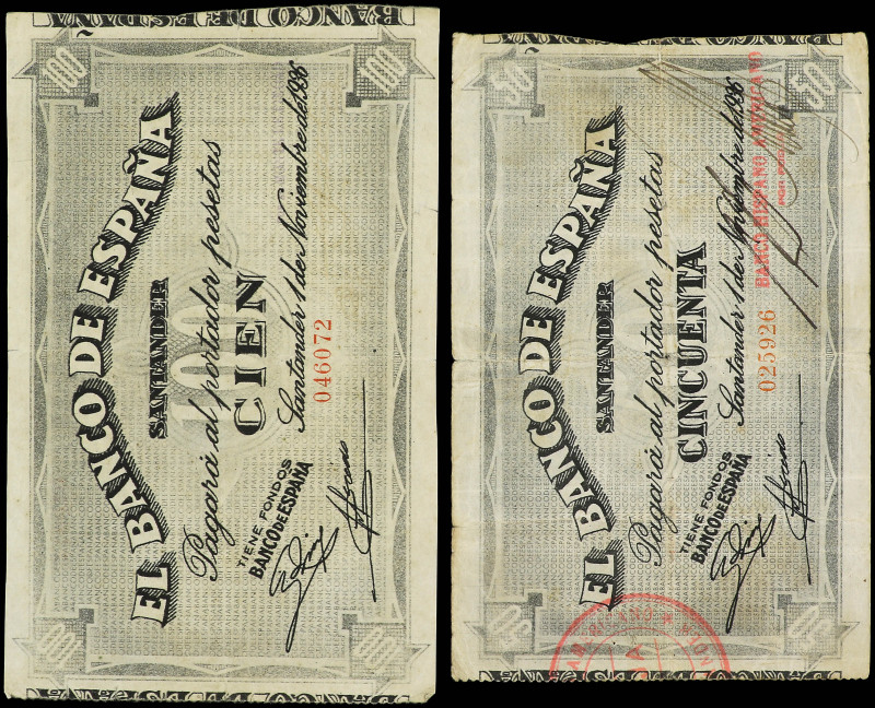 Lote 2 billetes 50 y 100 Pesetas. 1 Noviembre 1936. EL BANCO DE ESPAÑA. SANTANDE...