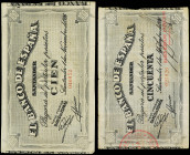 Lote 2 billetes 50 y 100 Pesetas. 1 Noviembre 1936. EL BANCO DE ESPAÑA. SANTANDER. 50 Pesetas antefirma Banco Hispano Americano. 100 Pesetas antefirma...