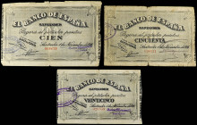 Lote 3 billetes 25, 50, 100 Pesetas. EL BANCO DE ESPAÑA. SANTANDER. Antefirmas: Banco Mercantil. A EXAMINAR. Ed-377f, 378f, 379f. BC+ a MBC-.