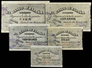 Serie 5 billetes 5, 10, 25, 50 y 100 Pesetas. 1 Noviembre 1937. EL BANCO DE ESPAÑA. SANTANDER. Diferentes antefirmas. Ed-375, 376, 377, 378, 379. MBC+...