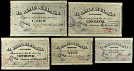 Serie 5 billetes 5, 10, 25, 50 y 100 Pesetas. 1 noviembre 1936. EL BANCO DE ESPAÑA. SANTANDER. Diferentes antefirmas. A EXAMINAR. Ed-375c, 376f, 377g,...