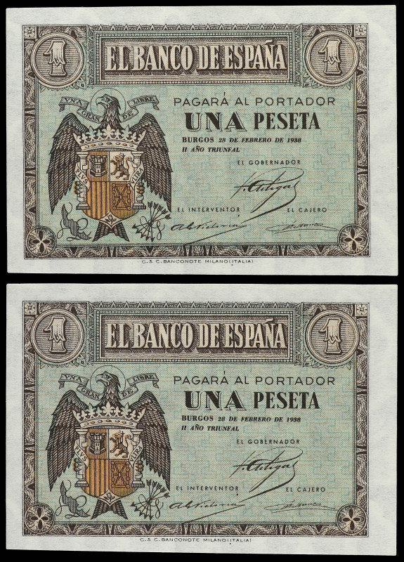 Lote 2 billetes 1 Peseta. 28 Febrero 1938. Serie G. Pareja correlativa. (Leves a...