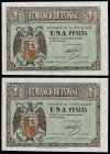 Lote 2 billetes 1 Peseta. 28 Febrero 1938. Serie G. Pareja correlativa. (Leves arruguitas). Ed-427b. SC.